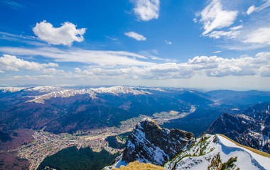 Aerial view of Ciucas mountain peaks in winter season