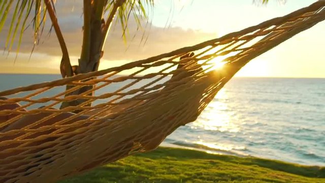 Romantic couple relaxing in tropical hammock at sunset. Summer Luxury Vacation. SLOW MOTION. 