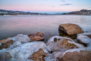 winter dawn over mountain lake