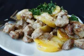 Baked potatoes, pork with cream