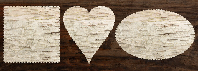 birch bark texture set, heart oval square shaped, top view, old oak wood background, clipping path