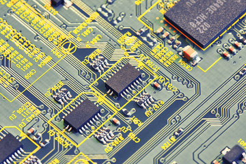 Electronic circuit board close up.