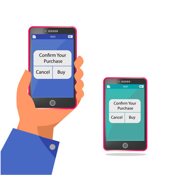 Mobile purchase confirmation concept in flat style - human hand holding mobile phone with confirm purchase on the screen with cancel and buy buttons