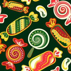 Vector seamless hand draw background on a white. Bright backdrop with candies