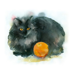 Watercolor painting. Black cat with orange. - 99139836