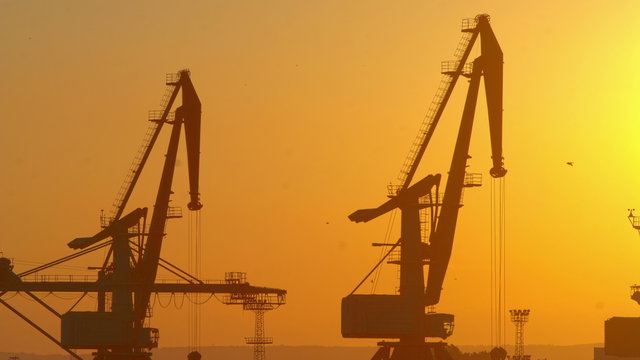 Harbour ship cranes moving load at port, Sunset Time lapse