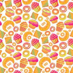 Doodle vector.Bakery,Cakes and dessert,pastries ,lettering seamless pattern.Colored vintage icons,sweet elements background.