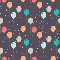 vector pattern of colorful balloons and confetti, on gray background