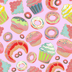 Cute seamless pattern with sweets and dessert, cupcake, ice cream, teapot. Doodle style vector.