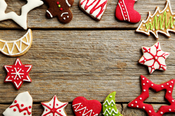 Gingerbread cookies on a grey wooden table