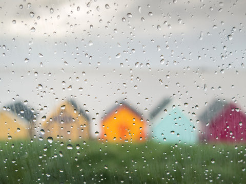 Rain Drops On A Car Window At An English Seaside Town.