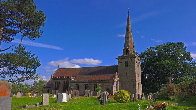 Church Tower - Blue Sky Clouds - St Editha's, Church Eaton, Staffordshire, England: July 2015