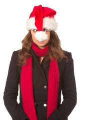 Funny harry Christmas girl with red fluffy Santa Hat