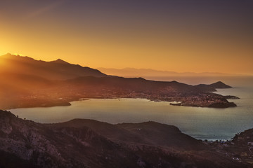 Elba island, Portoferraio bay aerial view from Volterraio on sun