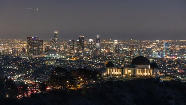 Downtown Los Angeles and Griffith Park Dusk to Night Time Lapse with Zoom In