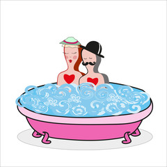 Naklejka premium Loving couple in pink bathtub with blue foam