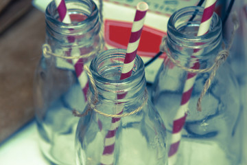 Traditional vintage glass bottles close up