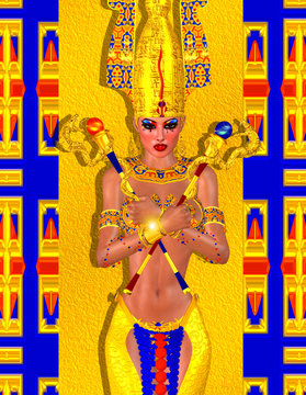 Egyptian fantasy art of a mysterious and powerful mystic woman.  Two snake headed scepters and a glowing light add to the mystery of this magical woman.