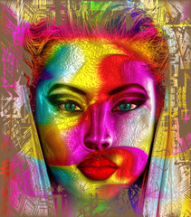 Modern digital art image of a woman's face.
Colorful abstract effect for this beautiful woman's close up face. Modern digital art image of a woman's face on an abstract background.