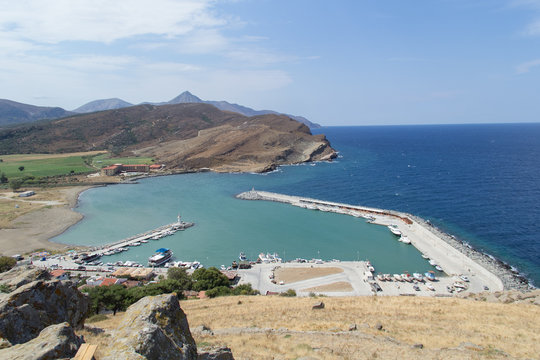 seaport, mountain landscape