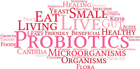 Probiotics Word Cloud on a white background.