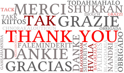 International Thank You word cloud. Each word used in this word cloud is another language's version of the word Thank You.