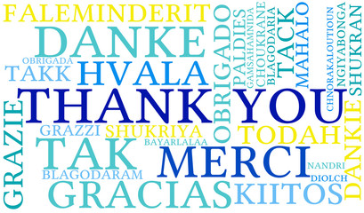 International Thank You word cloud. Each word used in this word cloud is another language's version of the word Thank You.