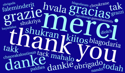 International Thank You word cloud. Each word used in this word cloud is another language's version of the word Thank You.