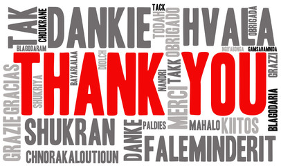 International Thank You word cloud. Each word used in this word cloud is another language's version of the word Thank You.