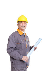 isolated engineer in hardhat with blueprint