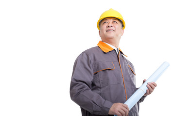isolated engineer in hardhat with blueprint