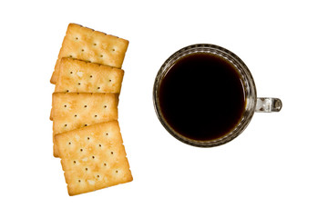 coffee and cracker on white background