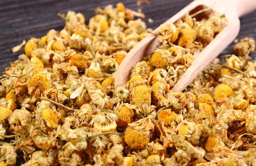 Dried chamomile on wooden table, alternative medicine