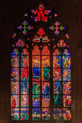 Stained glass window in St Vitus Cathedral in Prague