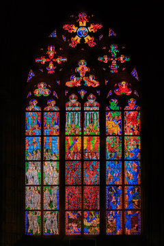 Stained glass window in St Vitus Cathedral in Prague