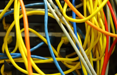 Colorful tangled ethernet computer wires