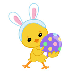  in bunny suit holding an Easter egg. Happy Easter. Vector illustration. Isolated on white background.