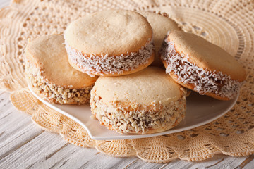 alfajores freshly baked cookies closeup. horizontal
