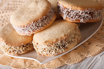 alfajores Tasty cookies close-up on a plate. horizontal
