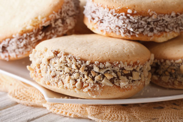 Argentine sweets: cookies alfajores macro on a plate. horizontal
