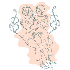 Stock illustration. Line graphic. Enamoured couple