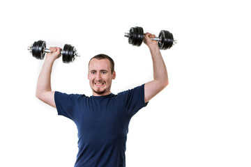Fototapeta na wymiar Close up of young man lifting weights over white background