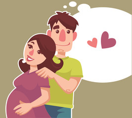 happy pregnant woman her hasband and speech bubble