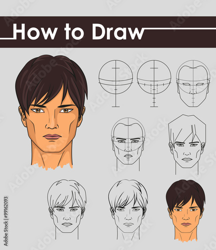 "Draw tutorial. Step by step. Male face." Stock image and royalty-free