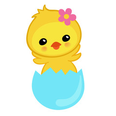 Cute yellow chick hatched from an egg.Happy Easter. Vector illustration. Isolated on white background.