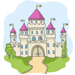 Hand drawn cartoon fairy tale castle icons, castle for princess doodle vector sketch, fairytale, game icon, cute magic castle kingdom illustration