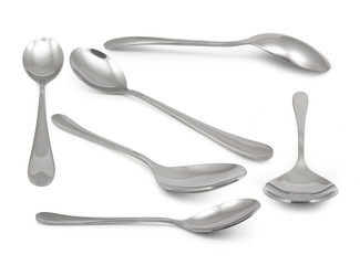 collection of Stainless steel glossy metal kitchen spoon isolate