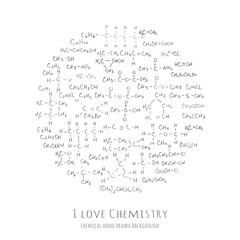 Heart shaped background with handwritten chemical formulas, organic molecules - vector illustration, hand drawn chemistry vector pattern with formulas of different molecular carbon combinations