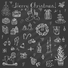 Set of hand drawn sketchy christmas elements Doodle vector illustration elements Candles gift boxes christmas tree wreath stocking candy canes cookie bells holly decoration calligraphy Merry Christmas