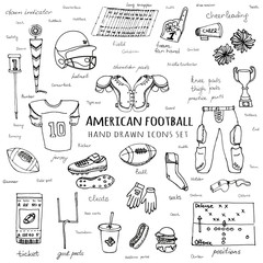Hand drawn doodle american football set Vector illustration Sketchy sport related icons football elements, ball helmet jersey pants knee thigh shoulder pads cleats field cheerleading down indicator